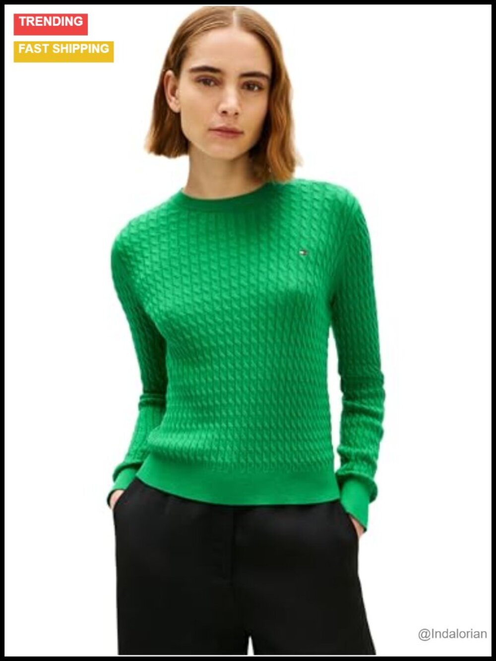 Fine Gauge Cable Knit Crew Neck Sweater Lightweight Pullover